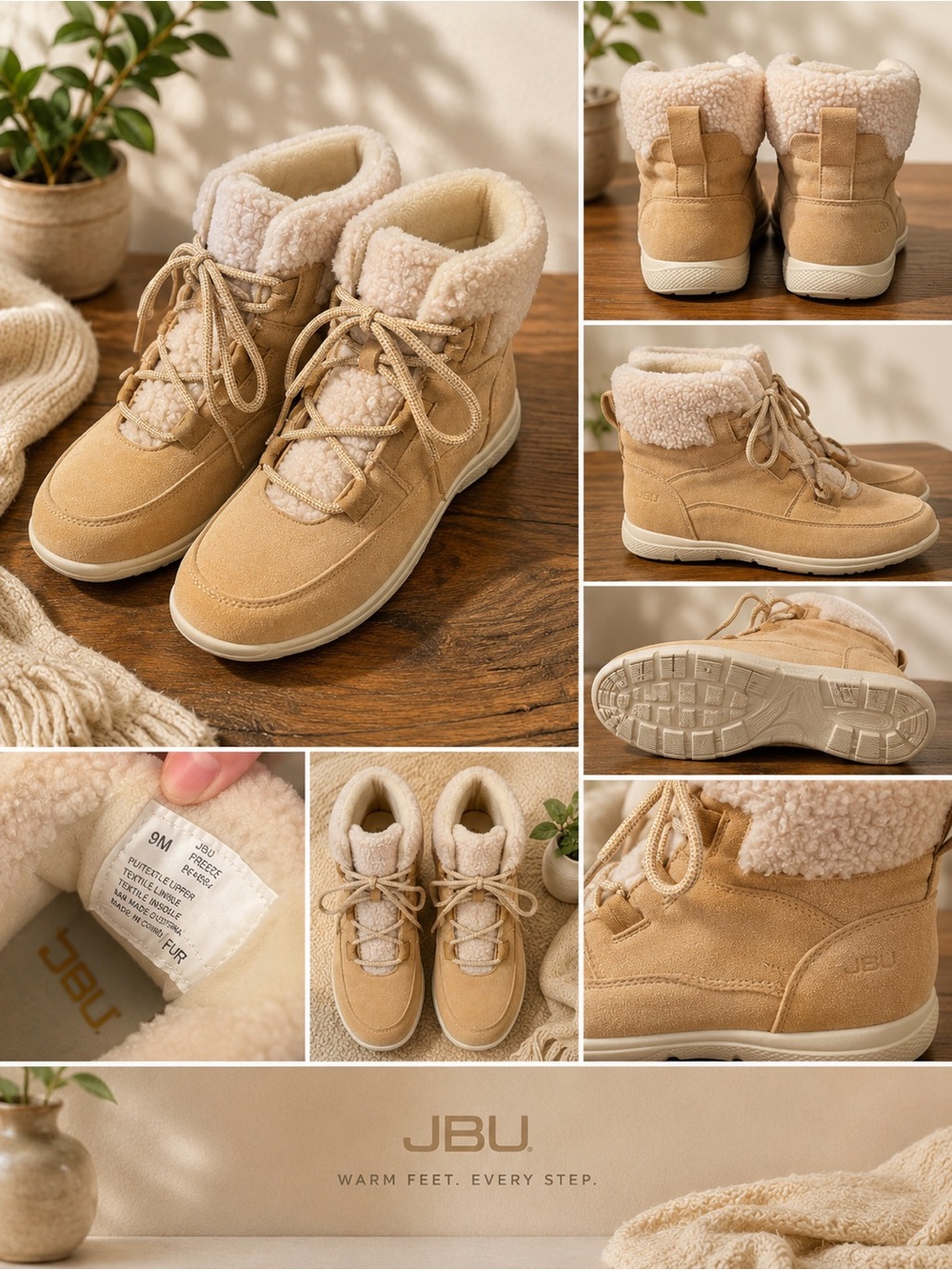 Gently Used JBU Women's Tan Lace-Up Sherpa Ankle Boots